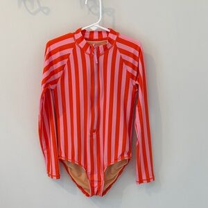 J.Crew Crewcuts Girls Long-Sleeve Zip Front Rashguard Swimsuit - Pink Red Stripe